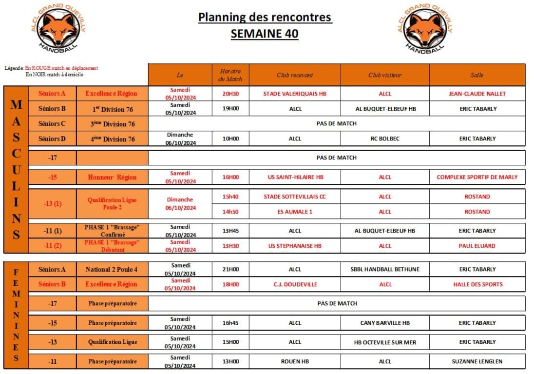 Planning de match - ALCL Handball