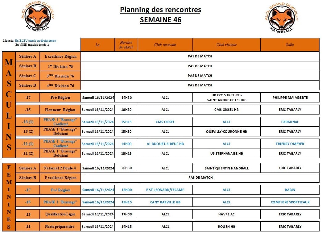 Planning des matchs de la semaine 46 - ALCL Handball