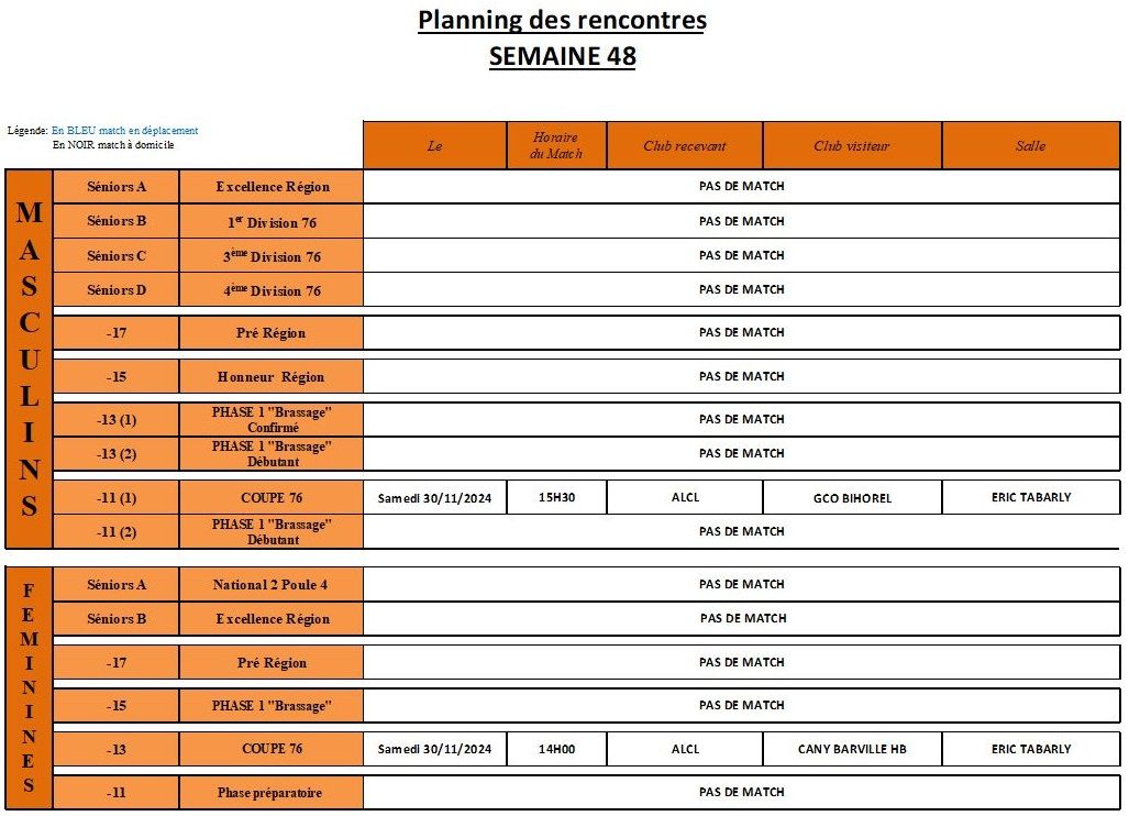 Planning des matchs de la semaine 48 - ALCL Handball