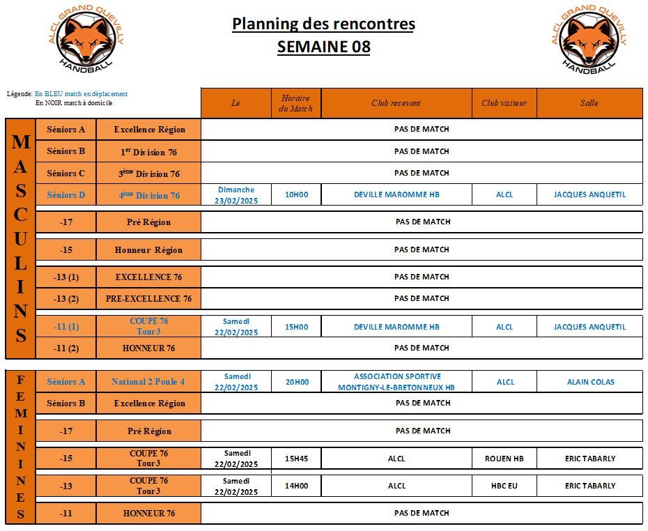 Planning des matchs de la semaine 08 - ALCL Handball
